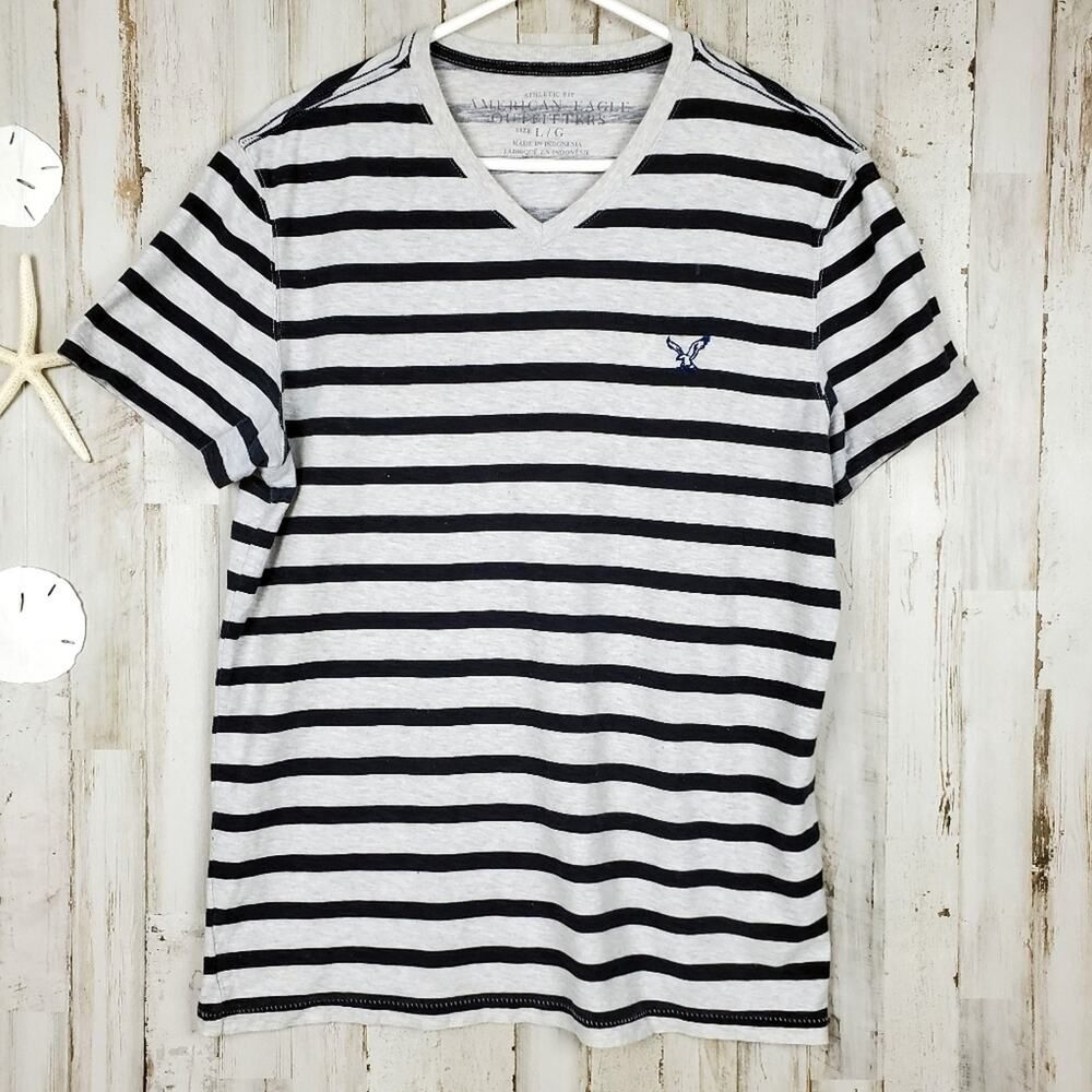 American Eagle Outfitters Striped V Neck Top Blue & Gray Large